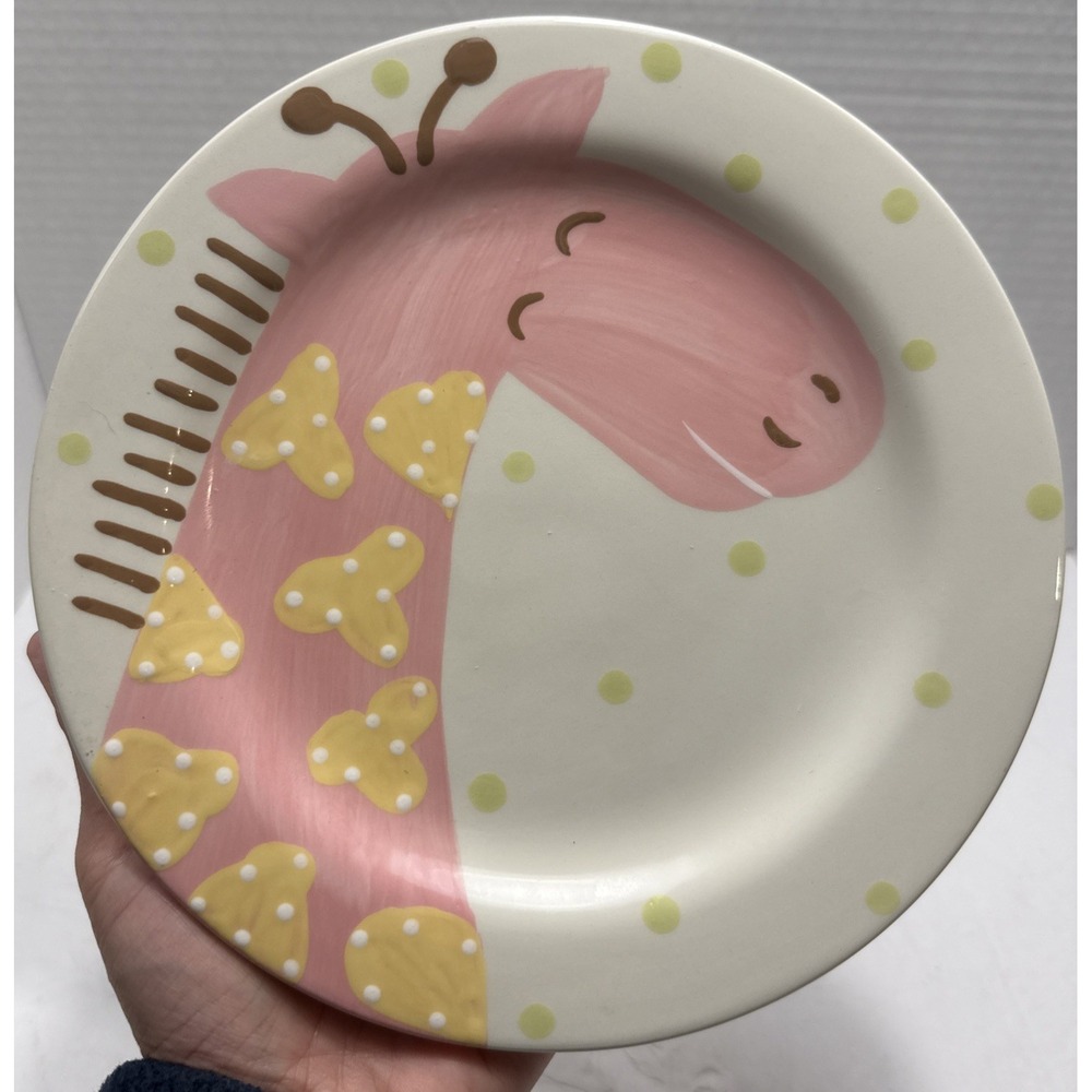 Hand Painted Giraffe 8" Plate-Pink‎ Yellow Green Ivory-Polkadots-Cotton Colors